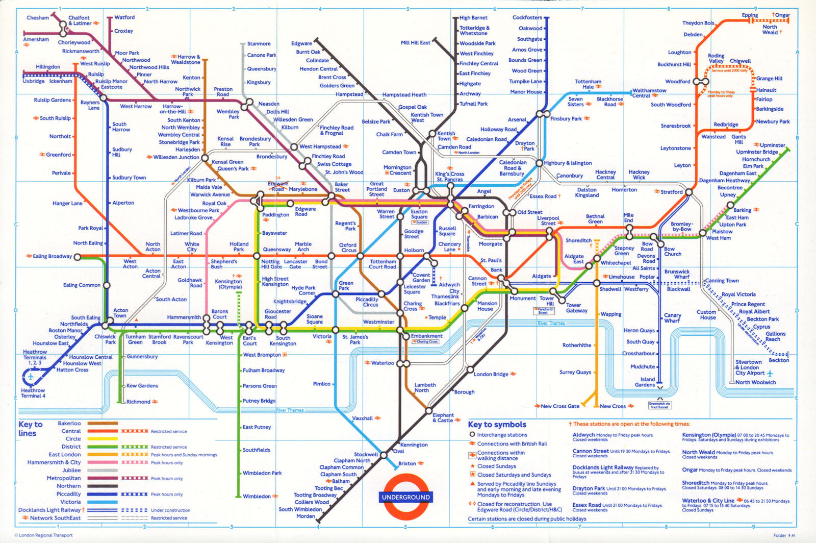 LONDON UNDERGROUND tube journey planner map. DLR Bank open/Beckton u/c. Oct 1991